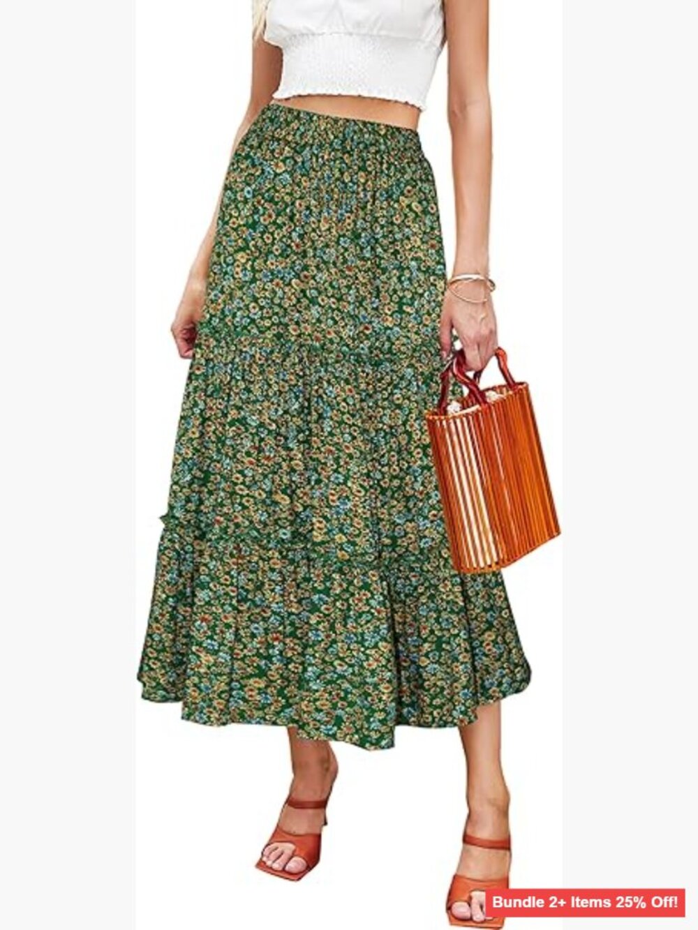Floral Midi Skirt Elastic High Waist A-Line Swing Pleated